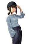 alternate_costume aqua_eyes arm_up bangs beanie black_hat blue_shirt blush breasts buttons cowboy_shot denim denim_skirt eyebrows_visible_through_hair from_side fubuki_(kantai_collection) hair_tie hand_in_pocket hat highres kantai_collection long_hair long_skirt long_sleeves looking_at_viewer looking_to_the_side low_ponytail o-ring shirt shirt_tucked_in sidelocks simple_background skirt small_breasts solo standing striped striped_shirt vertical-striped_shirt vertical_stripes wa_(genryusui) white_background 