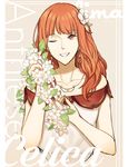  absurdres celica_(fire_emblem) fire_emblem fire_emblem_echoes:_mou_hitori_no_eiyuuou fire_emblem_gaiden flower hakirino highres holding holding_flower jewelry looking_at_viewer necklace one_eye_closed red_eyes red_hair smile solo upper_body 