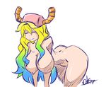  1girl all_fours ass blonde_hair breasts butt_crack cleavage curvy dahs dimples_of_venus female gradient_hair green_hair horns huge_ass huge_breasts kobayashi-san_chi_no_maidragon long_hair mole nipples nude quetzalcoatl_(maidragon) smile solo standing thighs 