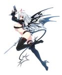  absurdres ahoge ass black_legwear blue_eyes boots breasts closers demon_girl demon_tail dual_wielding eyepatch full_body grin gun handgun high_heel_boots high_heels highres holding horn large_breasts leg_up long_hair looking_at_viewer midriff official_art red_star_alliance short_shorts shorts sideboob silver_hair smile solo sword tail thigh_strap thighhighs transparent_background trigger_discipline underboob very_long_hair weapon wings yuri_seo 