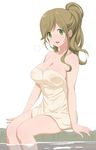  :d a1 blush breasts brown_hair cleavage fang green_eyes inuyama_aoi large_breasts long_hair looking_at_viewer naked_towel onsen open_mouth ponytail simple_background sitting smile soaking_feet solo thick_eyebrows towel wet white_background yurucamp 