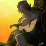  2018 aktiloth anthro brown_hair claws clothed clothing detailed_background digital_media_(artwork) dragon guitar hair holding_musical_instrument korson_(maltaid) male musical_instrument playing_guitar playing_music rock scalie sitting solo sunset water 