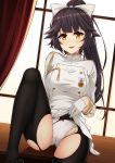  1girl azur_lane black_hair black_legwear bow bow_panties cameltoe come_hither commentary eyebrows_visible_through_hair gloves hair_bow half_gloves healther highres indoors knee_up lifted_by_self long_hair long_sleeves looking_at_viewer military military_uniform no_shoes panties pantyhose pleated_skirt ponytail sarong sitting skirt skirt_lift smile solo takao_(azur_lane) torn_clothes torn_legwear underwear uniform white_bow white_gloves white_panties white_skirt window yellow_eyes 