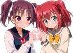  bangs blush bow closed_mouth commentary_request eyebrows_visible_through_hair green_eyes hair_between_eyes heart heart_hands kazuno_leah kurosawa_ruby looking_at_viewer love_live! love_live!_sunshine!! multiple_girls purple_eyes purple_hair red_hair saint_snow school_uniform sidelocks twintails umekichi white_background yellow_bow yuri 