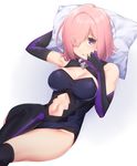  breasts cleavage detached_sleeves eyebrows_visible_through_hair eyes_visible_through_hair fate/grand_order fate_(series) hisayaki_kyuu large_breasts mash_kyrielight navel pillow pink_hair purple_eyes short_hair solo thighhighs 