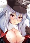 3: azur_lane blush breasts brown_gloves cleavage commentary_request fur_scarf gloves graf_zeppelin_(azur_lane) hat highres kanzaki_kureha large_breasts long_hair looking_at_viewer peaked_cap red_eyes silver_hair solo 