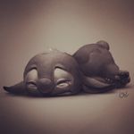  2013 4_toes alien back_markings claws crying digital_drawing_(artwork) digital_media_(artwork) disney ears_down experiment_(species) eyes_closed fur head_tuft lilibz lilo_and_stitch lying markings monochrome on_front sad sepia signature small_tail solo stitch tears toes vignette 