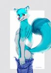  anthro butt canine clothed clothing looking_back male mammal pants_down partially_clothed simple_background smiju smile solo topless undressing 