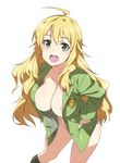  :d ahoge areola_slip areolae black_legwear blazer blonde_hair blue_panties blush breasts cleavage cropped emblem eyebrows_visible_through_hair feet_out_of_frame green_eyes hands_in_pockets highres hoshii_miki idolmaster idolmaster_(classic) inue_shinsuke jacket kneehighs large_breasts leaning_forward long_hair long_sleeves looking_at_viewer no_bra open_clothes open_mouth panties round_teeth shiny shiny_hair shiny_skin simple_background smile solo standing teeth underwear very_long_hair white_background 