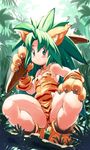  :&lt; animal_ears animal_print bare_shoulders blush boomerang breasts breasts_apart cat_ears cham_cham choker closed_eyes commentary_request covered_nipples day eyebrows_visible_through_hair gloves green_eyes green_hair holding holding_weapon long_hair outdoors paw_gloves paw_shoes paws samurai_spirits shoes small_breasts snk solo spiked_hair spread_legs squatting sweat tail thighs tiger_print tree weapon yu_3 