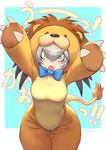  1girl :o animal_costume artist_name blue_bow blush bow bowtie breasts claws commentary_request eyebrows_visible_through_hair eyelashes gao guchico hair_between_eyes half-closed_eyes head_wings highres hips kemono_friends kemono_friends_pavilion lion_costume medium_breasts open_mouth playground_equipment_(kemono_friends_pavilion) shiny shiny_hair shoebill_(kemono_friends) silver_hair solo tail translated v-shaped_eyebrows wide_hips yellow_eyes 