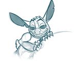  4_fingers alien claws digital_drawing_(artwork) digital_media_(artwork) discrete_turtle disney experiment_(species) fur grin half-closed_eyes head_tuft lilo_and_stitch monochrome sharp_teeth simple_background sketch small_tail smile solo stitch teeth tuft white_background 