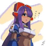 android arched_back bangs blush bodysuit breasts capcom dark_skin dated eyebrows_visible_through_hair hair_over_one_eye headgear highres large_breasts layer long_hair looking_at_viewer looking_to_the_side purple_hair robot_ears rockman rockman_x rockman_x8 sidelocks signature sumomo text_focus underboob upper_body 