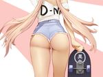  ass blonde_hair blue_shorts clothes_writing cutoffs facing_away from_behind highres holding long_hair lower_body milk-doll multicolored_hair original shirt short_sleeves shorts skateboard solo standing thighs twintails two-tone_hair very_long_hair white_shirt 