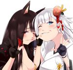  akagi_(azur_lane) animal_ears azur_lane black_gloves black_hair blue_eyes breasts cheek_pinching cleavage commentary_request fingerless_gloves fox_ears gloves hair_ornament hair_tie japanese_clothes medium_breasts multiple_girls one_eye_closed parted_lips pinching red_eyes shoukaku_(azur_lane) simple_background smile suzuna_(najaran) v white_background white_hair 