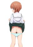  1girl ass blue_panties blush brown_eyes brown_hair girls_und_panzer hayyan highres looking_at_viewer looking_back nishizumi_miho ooarai_school_uniform open_mouth panties panty_pull pussy school_uniform short_hair simple_background skirt skirt_lift smile solo underwear white_background 