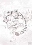  2018 anthro araivis-edelveys bite blood breasts canine clothed clothing digital_media_(artwork) digitigrade feline female fur group leopard mammal nipples nude smile snow_leopard spots spotted_fur wolf 