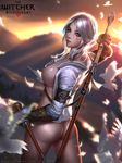  absurdres ass bird bottomless breasts ciri gloves green_eyes gumroad_reward highres large_breasts liang_xing lips long_hair looking_at_viewer paid_reward scar shiny shiny_skin silver_hair solo sweat sword the_witcher the_witcher_3 weapon 