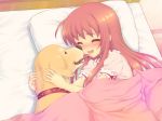  1girl bed bestiality dog licking okiyumi_kase one-lover pink_hair 