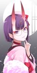  bob_cut eyebrows_visible_through_hair fang fang_out fate/grand_order fate_(series) finger_to_mouth floral_print glasses ha-ru hat headpiece highres horns japanese_clothes kimono looking_at_viewer oni oni_horns parted_lips pink_kimono pointy_ears purple_eyes purple_hair short_hair shuten_douji_(fate/grand_order) smile solo upper_body 