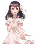  :d bangs blush brown_hair choker collarbone commentary_request dress eyebrows_visible_through_hair flower fujiwara_hajime hair_between_eyes hair_flower hair_ornament hand_on_own_chest idolmaster idolmaster_cinderella_girls idolmaster_cinderella_girls_starlight_stage long_hair minamiya_mia open_mouth pink_flower short_sleeves simple_background smile solo white_background white_choker white_dress 