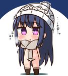  :o arms_at_sides bangs beanie blue_background blue_hair blush boots breath brown_footwear chibi commentary eyebrows_visible_through_hair full_body groin hair_between_eyes hair_down hana_kazari hat long_hair naked_scarf parted_lips purple_eyes scarf shima_rin solo standing translated two-tone_background very_long_hair white_background white_hat yurucamp 