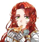  braid eating fire_emblem fire_emblem:_souen_no_kiseki food green_eyes long_hair looking_at_viewer pizza red_hair solo tiamat_(fire_emblem) wani_(fadgrith) 