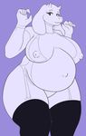  2018 anthro belly big_belly big_breasts boss_monster breasts caprine clothing female fur goat horn legwear long_ears looking_at_viewer mammal misterhinotori navel nipples outie_navel pregnant simple_background solo stockings thick_thighs thigh_highs toriel undertale video_games voluptuous white_fur wide_hips 