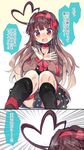  2koma ahoge bdsm black_footwear blush bondage boots bound bound_wrists brown_hair casual comic commentary_request dress emphasis_lines fang hair_intakes hairband heart_ahoge highres jacket kanro_ame_(ameko) kantai_collection kuma_(kantai_collection) long_hair nose_blush open_mouth polka_dot polka_dot_dress red_eyes ribbon ribbon_bondage sitting translation_request wavy_mouth 