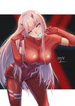  5555_96 aqua_eyes artist_name bodysuit breasts candy covered_navel darling_in_the_franxx food highres horns long_hair looking_at_viewer medium_breasts pilot_suit pink_hair red_bodysuit skin_tight solo very_long_hair zero_two_(darling_in_the_franxx) 