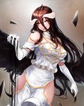  absurdres ahoge albedo bare_shoulders black_wings breasts bright_pupils brown_hair cleavage closed_mouth commentary_request cowboy_shot curvy darkness demon_girl demon_horns detached_collar dress elbow_gloves feathered_wings frilled_dress frills gloves gold_trim half-closed_eyes hand_up highres hip_vent horns kibellin korean_commentary large_breasts lips long_hair looking_at_viewer naughty_face off-shoulder_dress off_shoulder orange_eyes overlord_(maruyama) slit_pupils smile solo turtleneck very_long_hair wavy_hair white_dress white_gloves white_pupils wings 