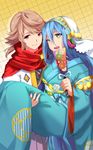  1girl aqua_(fire_emblem_if) blue_hair brown_hair carrying commentary fan fire_emblem fire_emblem_heroes fire_emblem_if japanese_clothes kimono looking_at_viewer male_my_unit_(fire_emblem_if) my_unit_(fire_emblem_if) princess_carry scarf smile streya 