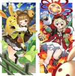  &gt;_&lt; 2girls 3others ahoge animal animal_ears arms_up bag bamboo bamboo_fence bangs basket bell beret blonde_hair bloomers blue_sky blunt_bangs blurry blurry_background blush boots border bow bow-shaped_hair branch brown_bag brown_dress brown_eyes brown_flower brown_footwear brown_gloves brown_hair brown_jacket brown_scarf bush closed_eyes closed_mouth cloud cloudy_sky day dodoco_(genshin_impact) dress explosion feathers fence fire floral_print flower flying fur-trimmed_footwear fur_trim genshin_impact gloves grass green_flower green_vest grey_eyes grey_shorts hair_bell hair_between_eyes hair_flower hair_ornament hands_up hat hat_feather hat_ornament heart highres hug jacket jumpy_dumpty klee_(genshin_impact) leaf leg_up long_sleeves looking_at_viewer looking_to_the_side mountain multicolored_clothes multicolored_jacket multiple_girls multiple_others one_eye_closed open_mouth orange_bow orange_footwear outdoors outside_border pocket pointy_ears pom_pom_(clothes) puffy_long_sleeves puffy_sleeves rabbit rabbit_ears red_bow red_eyes red_flower red_headwear red_jacket river scarf shirt short_hair short_twintails shorts sidelocks sky smile socks standing standing_on_one_leg star_(symbol) tassel teeth tongue tree twintails two-tone_footwear two-tone_fur two-tone_jacket underwear vest vision_(genshin_impact) water white_border white_dress white_footwear white_fur white_shirt white_socks yaoyao_(genshin_impact) yellow_bow yellow_flower yellow_fur yuegui_(genshin_impact) yuujin_(yuzinn333) 