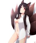  akagi_(azur_lane) animal_ears azur_lane black_hair breasts cleavage commentary_request eyeliner fox_ears fox_tail groin head_tilt long_hair looking_at_viewer makeup medium_breasts multiple_tails naked_shirt navel red_eyes shirt smile solo suzuna_(najaran) tail 