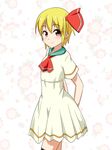  alternate_costume arms_behind_back ascot blonde_hair cato_(monocatienus) commentary_request cowboy_shot dress eyebrows_visible_through_hair eyes_visible_through_hair floral_background hair_ribbon looking_at_viewer red_eyes ribbon rumia sailor_dress short_hair simple_background smile solo touhou white_dress 