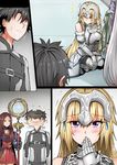  4girls armor black_hair blonde_hair blush brown_hair chaldea_combat_uniform comic commentary covering_mouth faceless faceless_male fate/grand_order fate_(series) flying_sweatdrops fujimaru_ritsuka_(male) ginhaha headgear jeanne_d'arc_(alter)_(fate) jeanne_d'arc_(fate) jeanne_d'arc_(fate)_(all) jeanne_d'arc_alter_santa_lily leonardo_da_vinci_(fate/grand_order) multiple_girls purple_eyes shaking_head silent_comic staff sweatdrop white_hair 