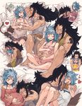  1girl arm_tattoo barefoot bed black_hair blue_hair blush breasts cleavage couple fairy_tail feet gajeel_redfox heart hetero highres hug levy_mcgarden pantherlily pregnant rusky sequential sleeping small_breasts smile spiked_hair spoken_heart spooning tattoo 