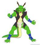  4_fingers 4_toes anthro biceps bulge claws dragon dragon_ball eastern_dragon fangs green_hair hair horn looking_at_viewer male muscular navel open_mouth red_eyes scalie sharp_teeth shenron simple_background solo spelunker_sal teeth toes white_background 