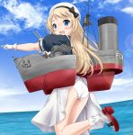  1girl anchor ass bangs beach beret blonde_hair blue_eyes blue_sailor_collar blush cannon commentary_request day dress dress_lift eyebrows_visible_through_hair gloves hair_between_eyes hat jervis_(kantai_collection) kantai_collection leg_up long_hair looking_at_viewer machinery neko_danshaku ocean off-shoulder_dress off_shoulder open_mouth outdoors panties pantyshot rigging sailor_collar sailor_dress sailor_hat shoes short_sleeves smile smokestack socks solo standing torpedo_tubes turret underwear weapon white_dress white_gloves white_hat white_panties 