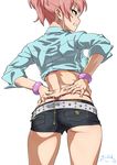  ass back belt blue_skirt bracelet breasts chain commentary_request denim denim_shorts earrings eyelashes grin hands_on_hips heart heart_earrings highres hips idolmaster idolmaster_cinderella_girls jewelry jougasaki_mika long_hair medium_breasts midriff nail_polish pink_hair pink_nails ponytail shirt short_shorts shorts sidelocks signature simple_background skirt smile solo suna thighs thong tied_shirt white_background yellow_eyes 