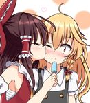  ;( ahoge bare_shoulders black_dress blonde_hair blush bow braid breasts closed_eyes closed_mouth detached_sleeves dress eating eyebrows_visible_through_hair face_licking food food_on_face hair_bow hair_ribbon hair_tubes hakurei_reimu head_tilt heart highlights highres holding holding_food imminent_kiss kirisame_marisa licking long_hair multicolored_hair multiple_girls no_hat no_headwear nose_blush pinafore_dress polka_dot polka_dot_background popsicle profile puffy_short_sleeves puffy_sleeves rankasei red_bow red_ribbon ribbon shirt short_sleeves sideboob sidelocks small_breasts tareme tongue tongue_out touhou upper_body white_shirt wide-eyed yellow_eyes yuri 