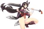  bandaged_arm bandages black_hair covered_navel gauntlets highleg highleg_leotard horns huge_weapon japanese_clothes kimono leotard leotard_under_clothes long_hair looking_at_viewer low-tied_long_hair nakadori_(movgnsk) oni original purple_kimono simple_background solo standing standing_on_one_leg sword turtleneck weapon white_background white_leotard 