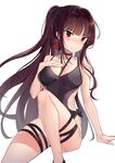  absurdres bada_(jksh5056) black_swimsuit blush breasts brown_hair casual_one-piece_swimsuit feet_out_of_frame girls_frontline highres invisible_chair long_hair looking_at_viewer medium_breasts one-piece_swimsuit ponytail purple_hair red_eyes simple_background sitting solo swimsuit tears wa2000_(girls_frontline) white_background 