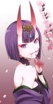  blood bob_cut breasts cherry_blossoms eyebrows_visible_through_hair fang fang_out fate/grand_order fate_(series) finger_to_mouth ha-ru headpiece highres horns japanese_clothes kimono looking_at_viewer off_shoulder oni oni_horns parted_lips petals pointy_ears purple_eyes purple_hair purple_kimono short_hair shuten_douji_(fate/grand_order) small_breasts smile solo upper_body 