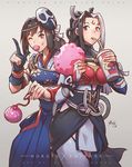  2girls armor black_hair breasts brown_eyes dark_persona facial_mark fighting_ex_layer fighting_layer forehead_mark hokuto_(street_fighter) japanese_armor long_hair multicolored_hair multiple_girls ponytail shirase_(fighting_ex_layer) solo street_fighter street_fighter_ex two-tone_hair 