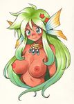  1girl blue_eyes breasts character_request dark_skin green_hair jewelry large_breasts long_hair mermaid nipples oyatsu_(mk2) smile 