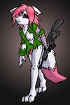  2018 anthro breasts canine chest_tuft clothing cybernetics cyborg dipstick_tail driprat exposed_breasts female fox fur gun hair hi_res holding_object holding_weapon machine mammal multicolored_tail nipples panties pink_hair ranged_weapon rifle shirt simple_background solo torn_clothing tuft underwear weapon white_fur 