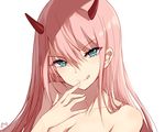  aqua_eyes bison_cangshu breasts darling_in_the_franxx finger_to_mouth horns medium_breasts pink_hair simple_background solo tongue tongue_out white_background zero_two_(darling_in_the_franxx) 