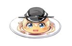  blonde_hair blue_eyes commentary food hat highres ijima_yuu kantai_collection object_namesake objectification open_mouth peaked_cap plate prinz_eugen_(kantai_collection) pudding pun smile twintails 