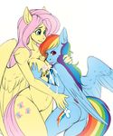  2018 absurd_res anthro anthrofied blush breasts butt chest_tuft cutie_mark duo embarrassed equine feathered_wings feathers female female/female fluttershy_(mlp) friendship_is_magic hair hand_on_breast hand_on_hip hi_res inner_ear_fluff lactating long_hair looking_at_viewer looking_back mammal milk multicolored_hair my_little_pony navel nude pegasus pink_hair projectile_lactation pussy rainbow_dash_(mlp) rainbow_hair rear_view simple_background theecchiqueen tuft white_background wings 